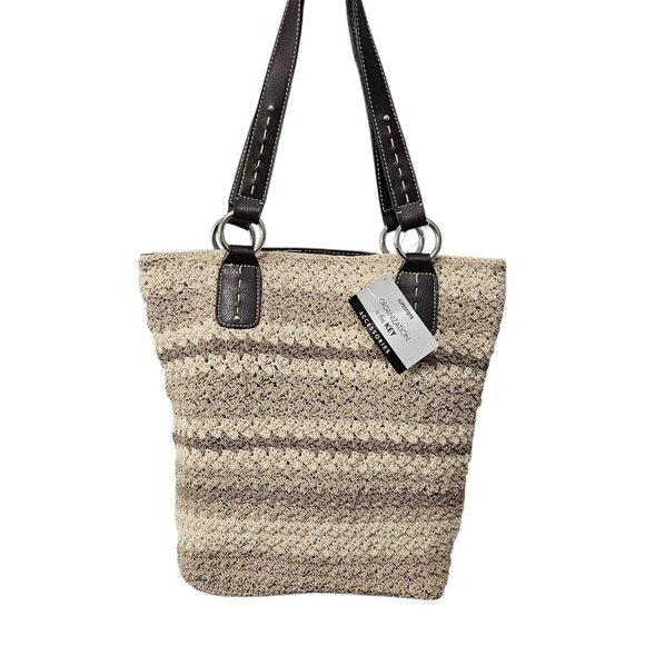 Super Tote New Crochet Boho Bucket Neutral Taupe Cream 3 Piece Shoulder Bag - Picture 2 of 16